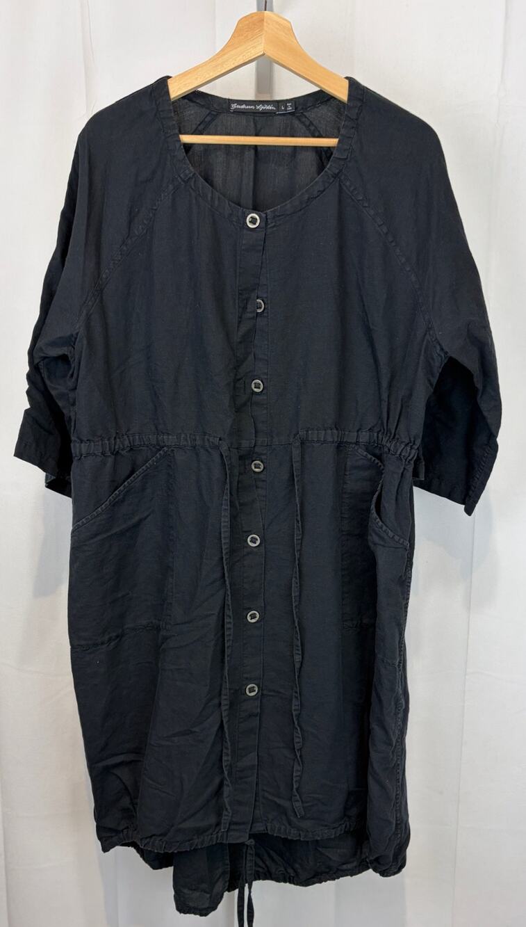 GUDRUN SJODEN Button Up Shirt Dress Duster 3/4 Sleeve Linen Cotton Black Size L